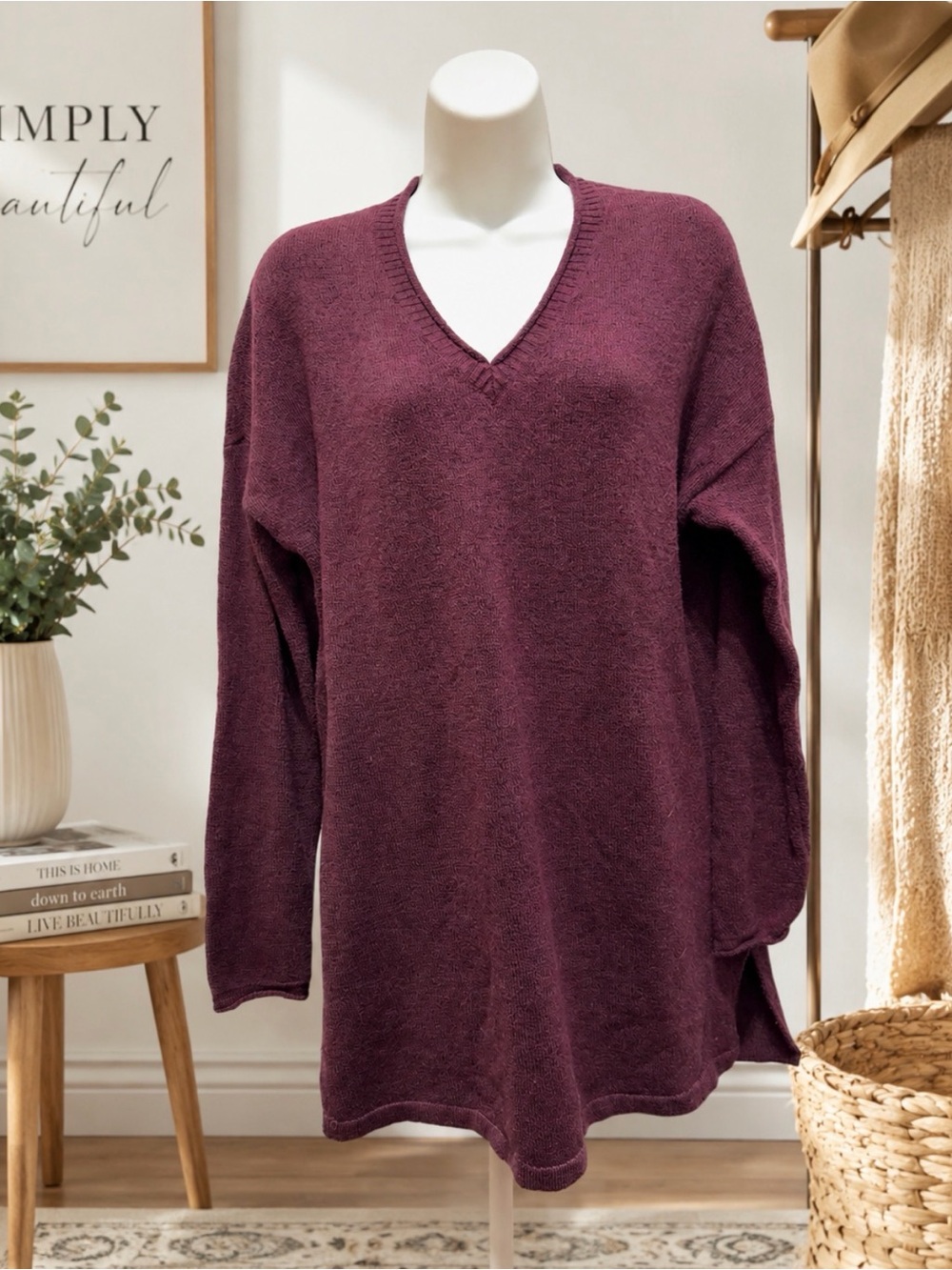 Pure Jill Cozy V-Neck Sweater Tunic - Plum soft knit side slits size small